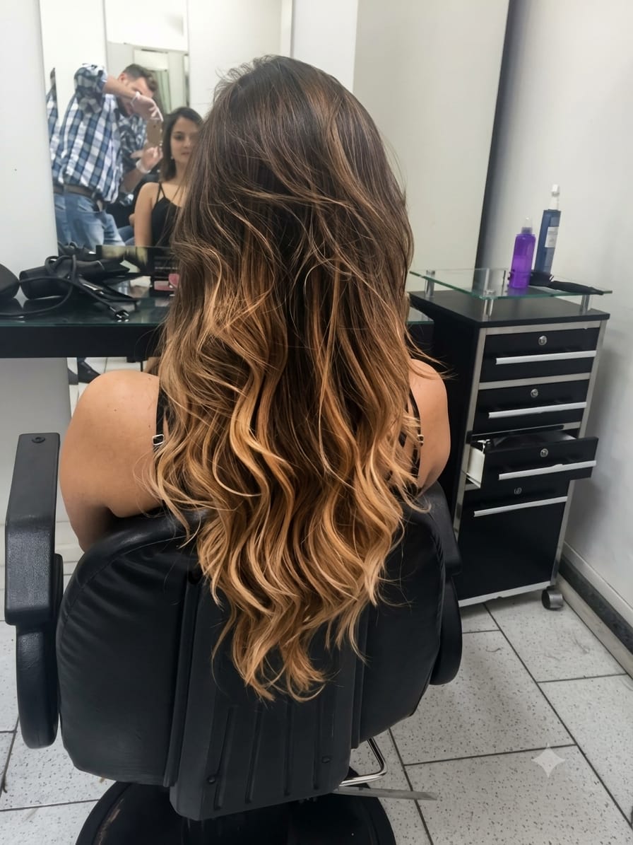 Ombré caramelo em ondas longas